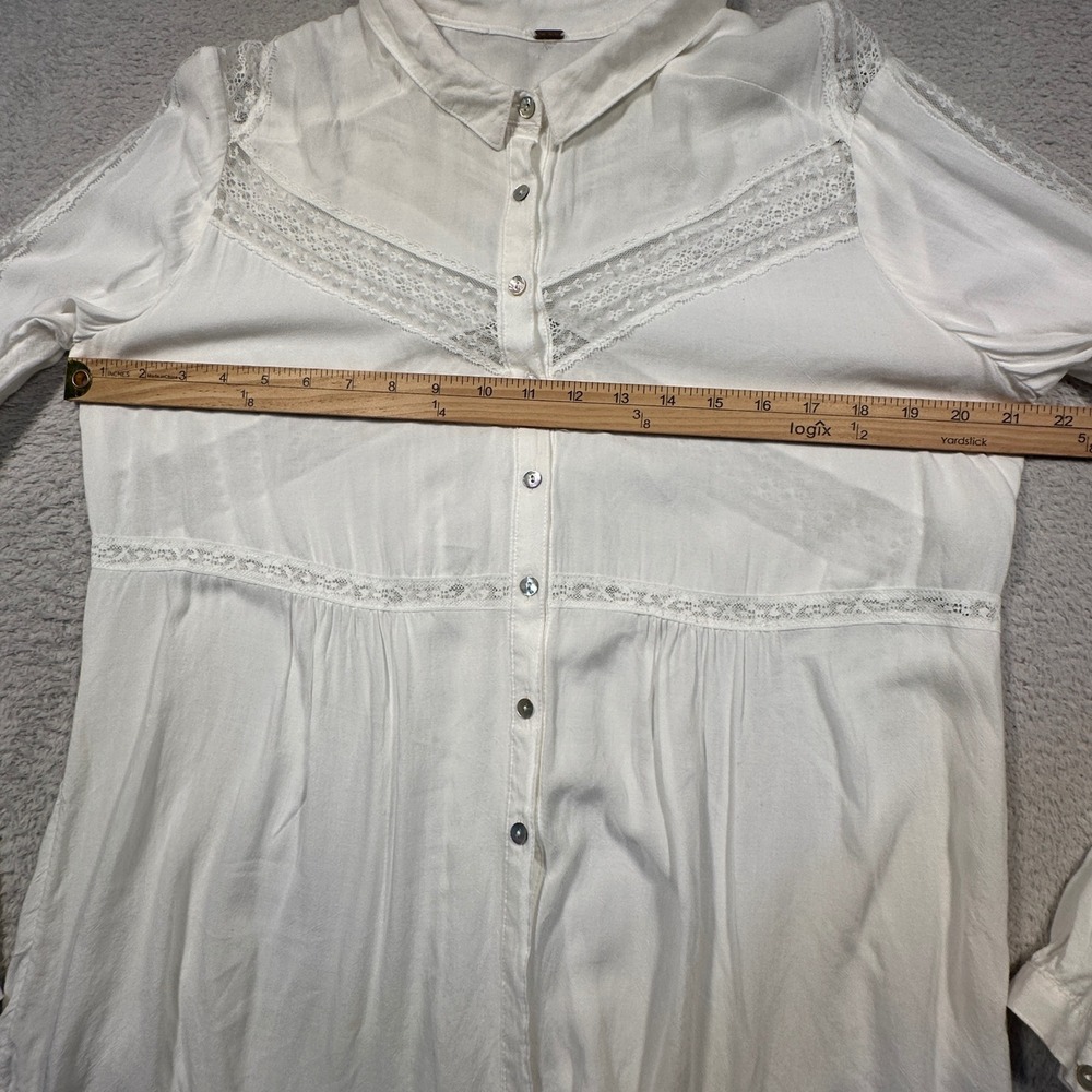 Free People Wild Wind Lace Inset Button Down Tunic Blouse Womens M Ivory Boho‎ - Picture 6 of 8